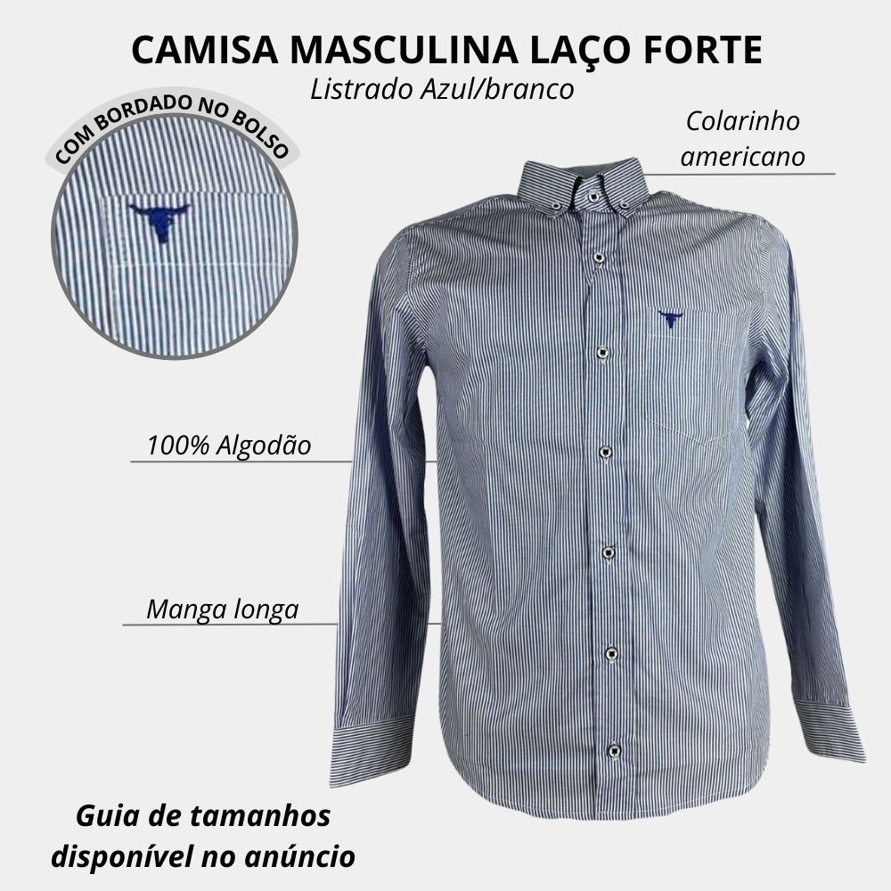 Camisa Masculina Laço Forte Manga Longa Listrada Azul/Branco Com
