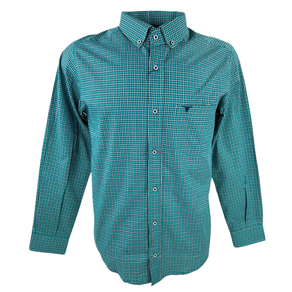 Camisa Masculina Laço Forte Manga Longa Slim Xadrez Verde/Preto/Branco Com Logo Bordada Em Azul Escuro REF: M.L.S.X3161