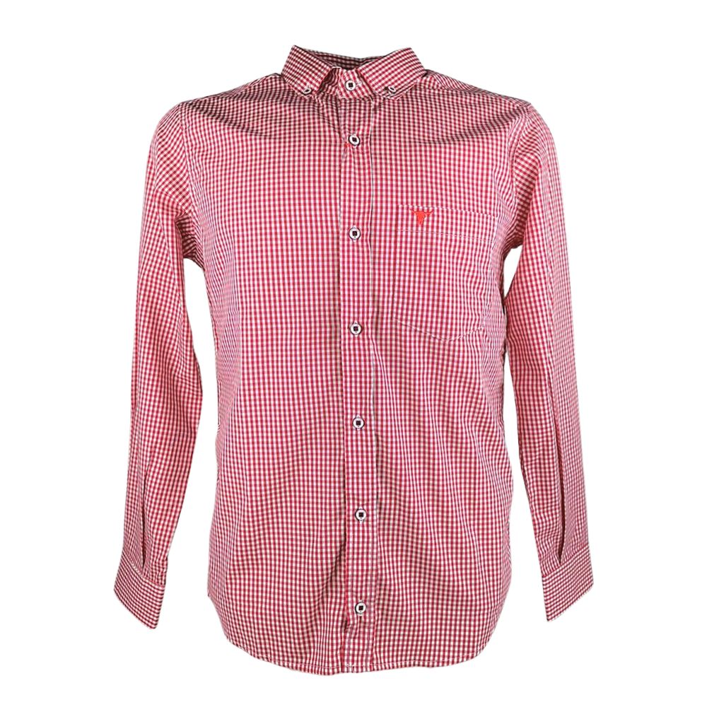 Camisa Masculina Laço Forte Manga Longa Slim Xadrez Vermelho e Branco Com Bolso Bordado Logo Vermelho REF: M.L.S.X.3161