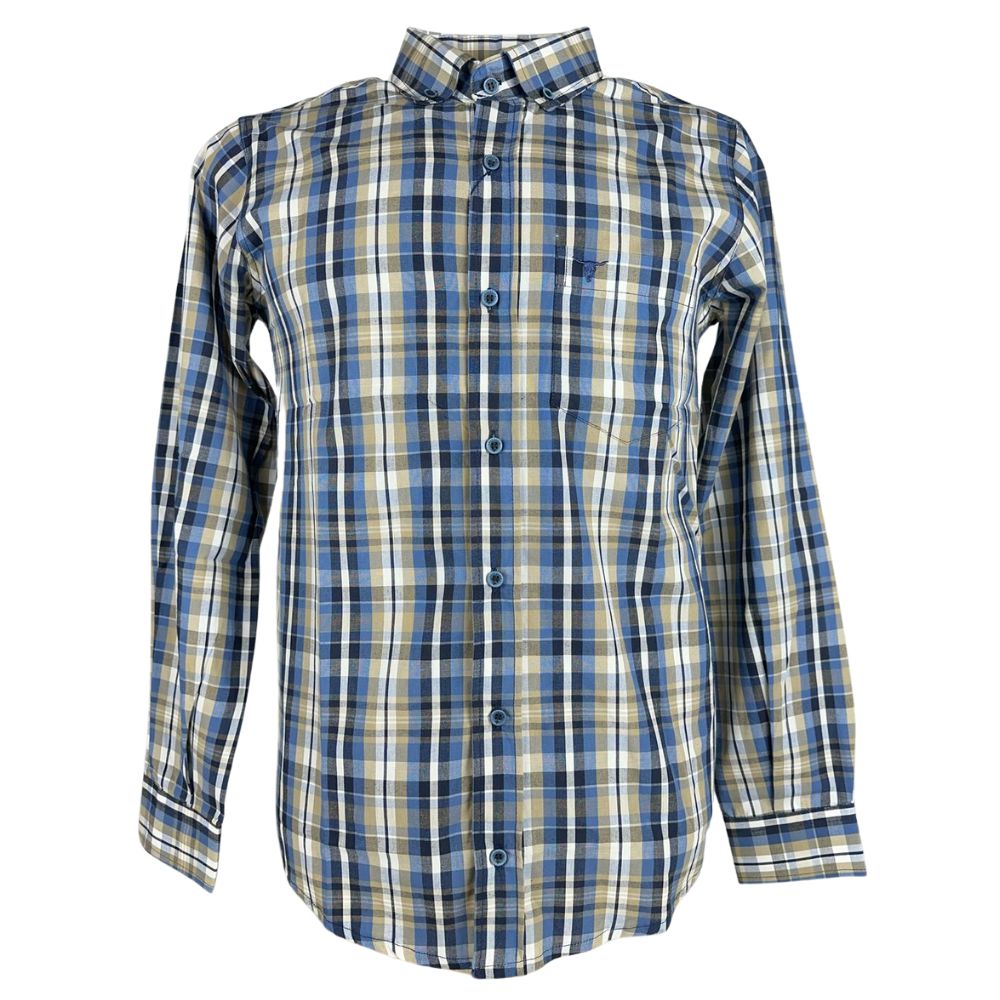 Camisa Masculina Laço Forte Manga Longa Xadrez Azul/Bege Manga Longa Slim Logo Azul Ref:M.L.S.X.3161