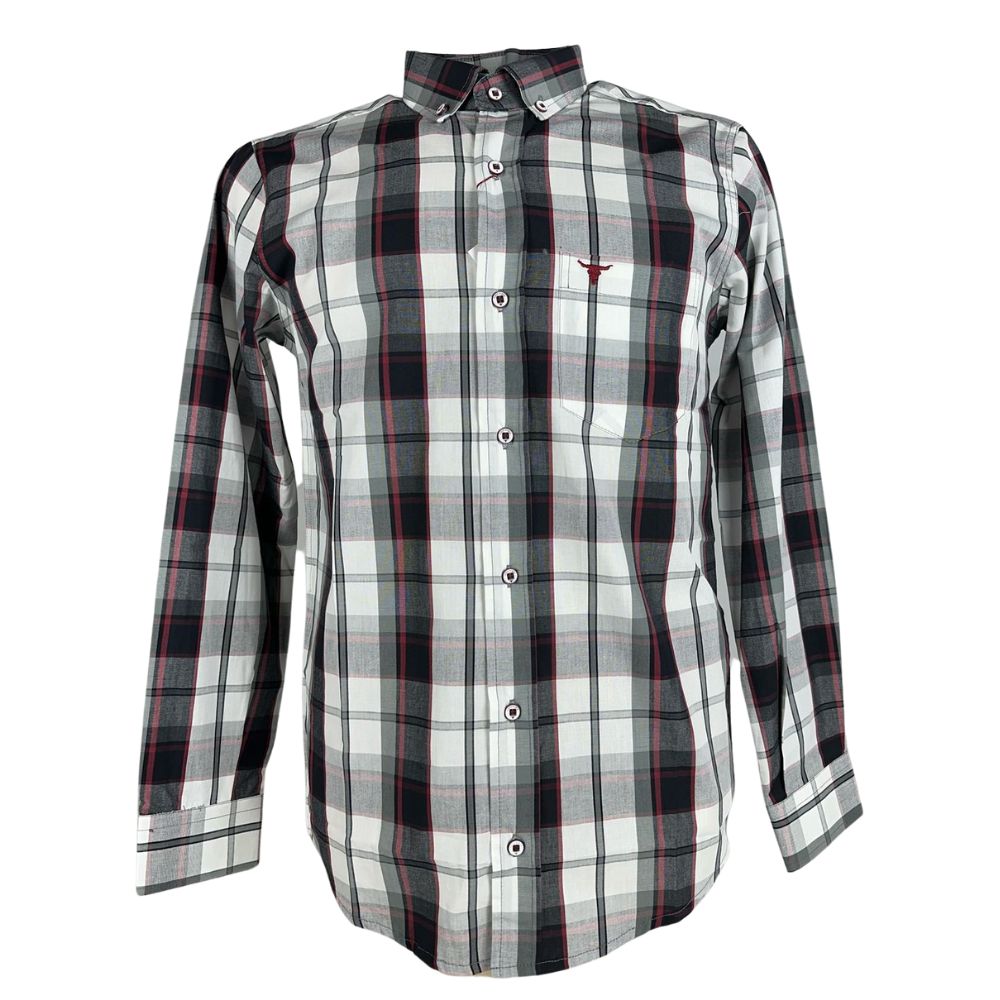 Camisa Masculina Laço Forte Manga Longa Xadrez Cinza/Preta/Bordô Manga Longa Slim Logo Bordô Ref:M.L.S.X.3161