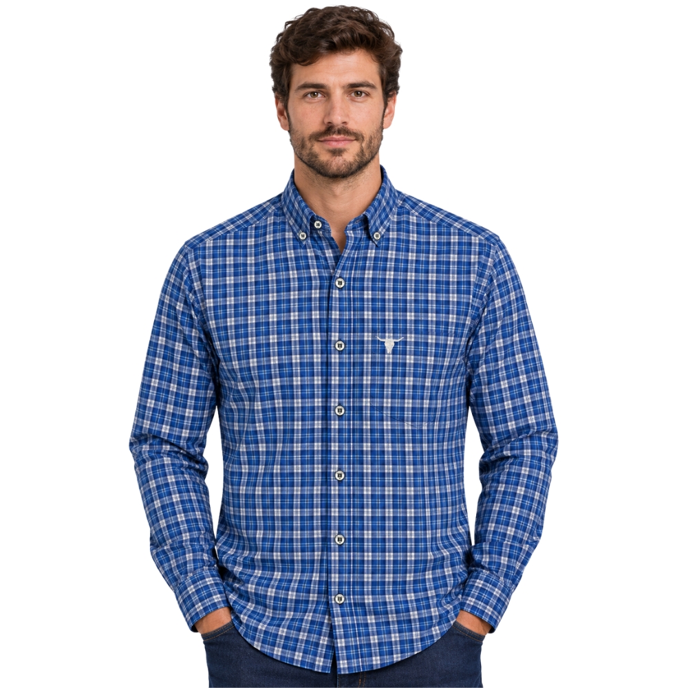 Camisa Masculina Laço Forte Manga Longa Xadrez Médio Azul E Branco Logo Cinza REF:31707