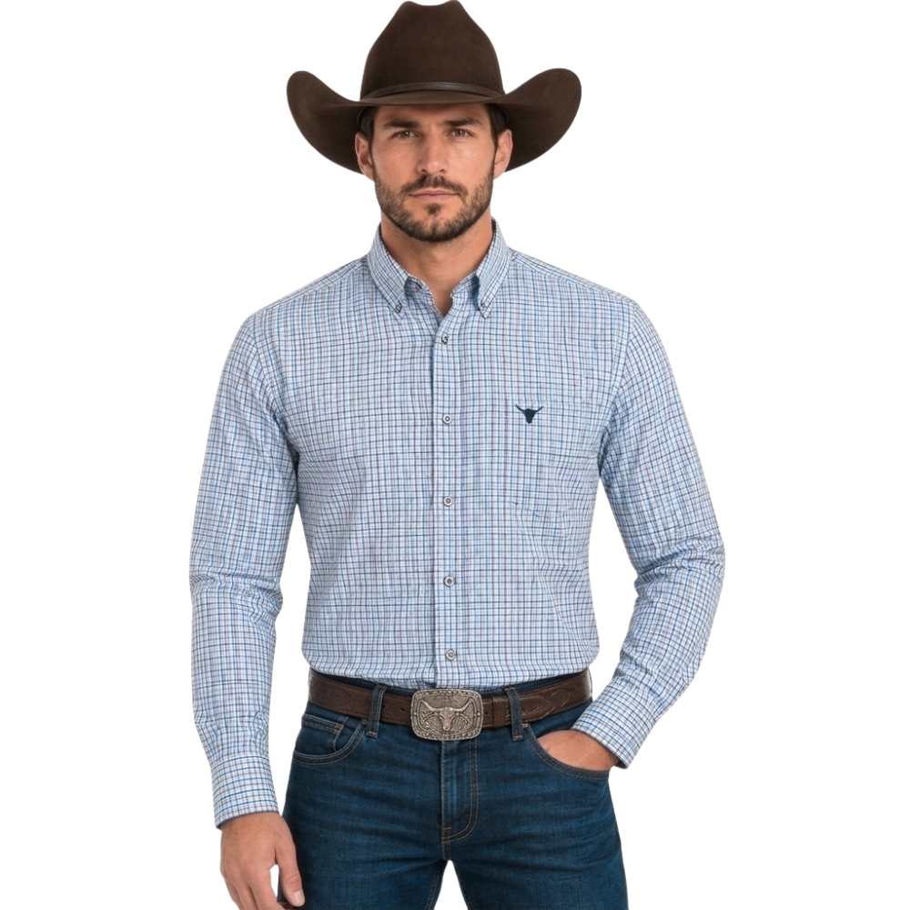 Camisa Masculina Laço Forte Manga Longa Xadrez Pequeno Azul E Vermelho Ref:31611