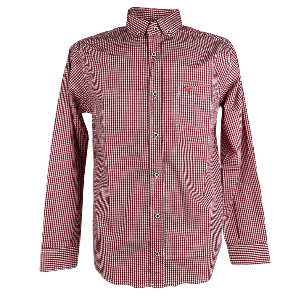 Camisa Masculina Laço Forte Manga Longa Xadrez Vermelho/Branco Manga Longa Slim Logo Vermelho Ref:M.L.S.X.3161