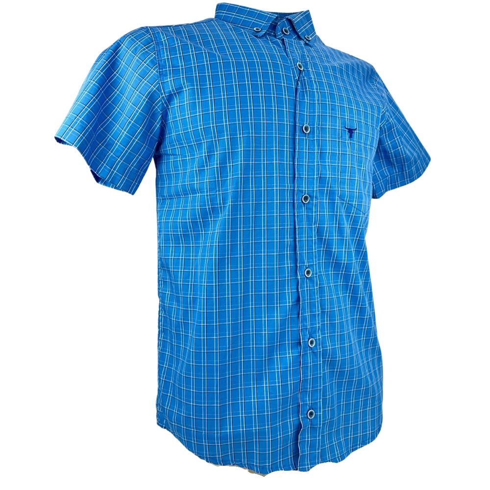 Camisa Masculina Laço Forte Slim Xadrez Azul Manga Curta Ref