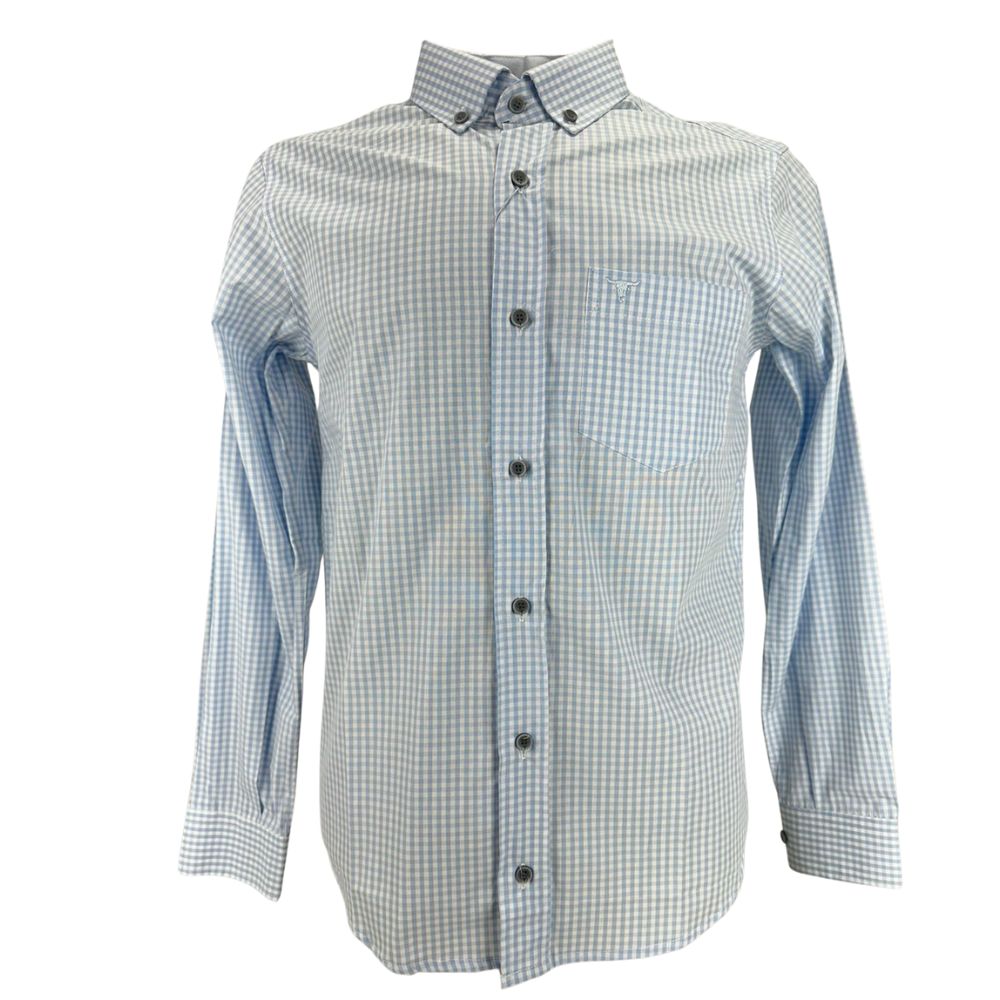 Camisa Masculina Laço Forte Xadrez Azul Bebê Manga Longa Slim Com Logo Azul Bebê Ref:MLXS 2025