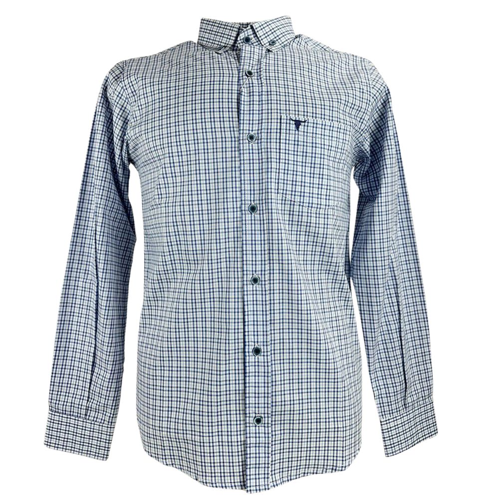 Camisa Masculina Laço Forte Xadrez Azul/Branco Slim Manga Longa Com Logo Azul Ref:3161