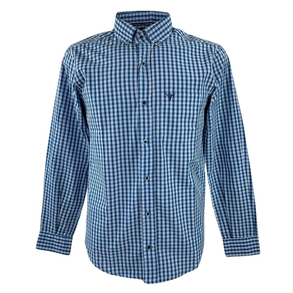 Camisa Masculina Laço Forte Xadrez Azul Claro/Azul Royal Manga Longa Slim Com Logo Azul Ref.M.L.S.X.3161