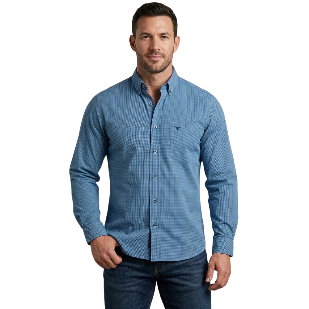 Camisa Masculina Laço Forte Xadrez Azul Logo Azul Escuro Manga Longa REF:31611