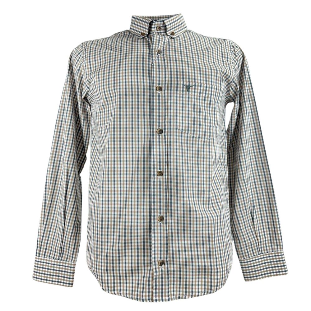 Camisa Masculina Laço Forte Xadrez Azul E Caramelo Manga Longa Com Logo Cinza Ref:3161