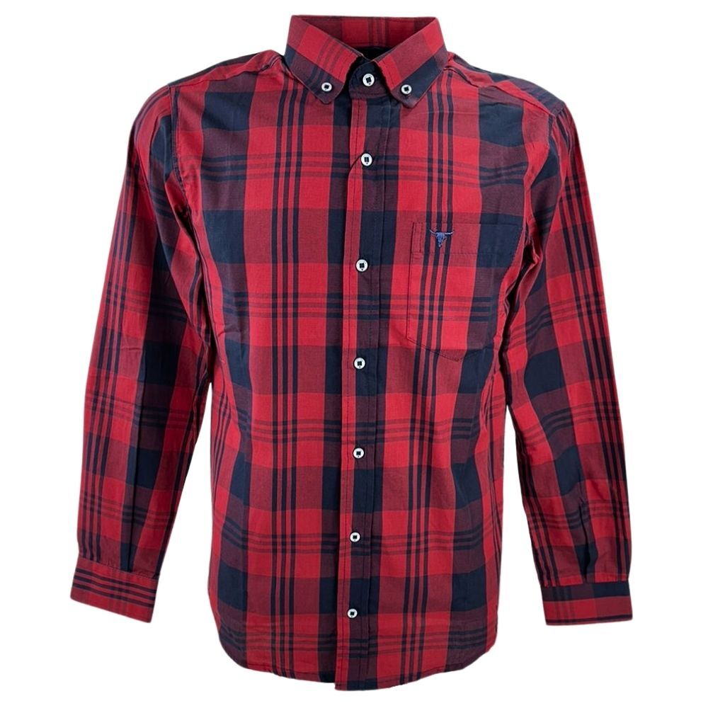 Camisa Masculina Laço Forte Xadrez Azul Marinho/Vermelho Manga Longa Slim Com Logo Azul
