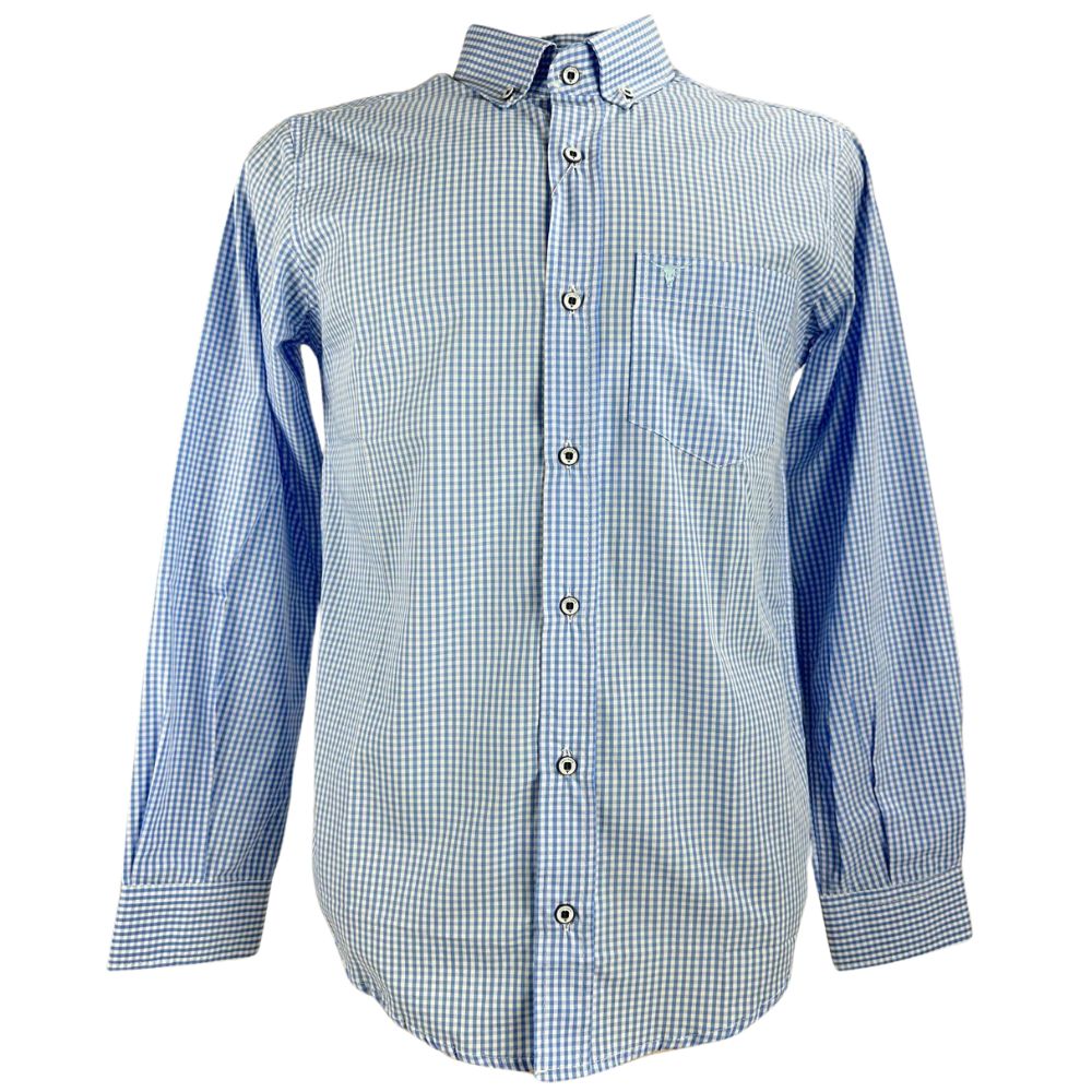 Camisa Masculina Laço Forte Xadrez Azul Slim Manga Longa Com Logo Azul Ref:3161