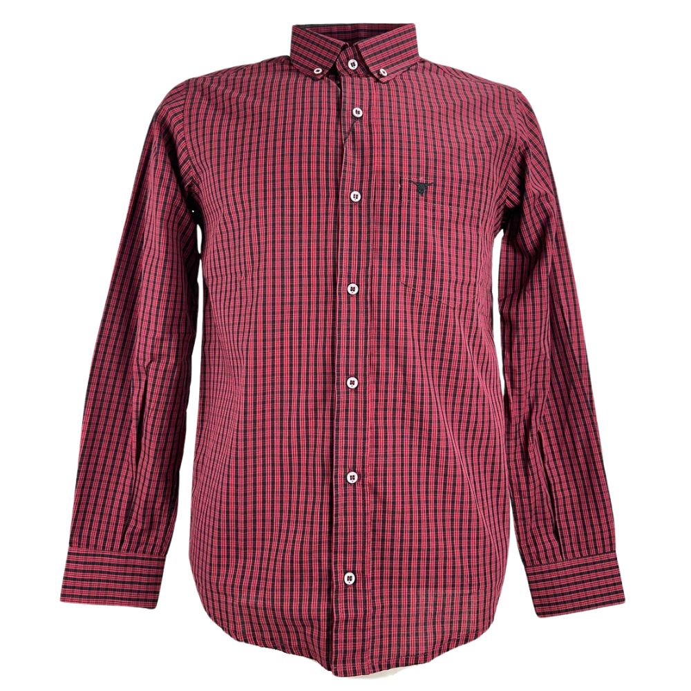Camisa Masculina Laço Forte Xadrez Bordô Com Preto Manga Longa Com Logo Preto Ref:3161
