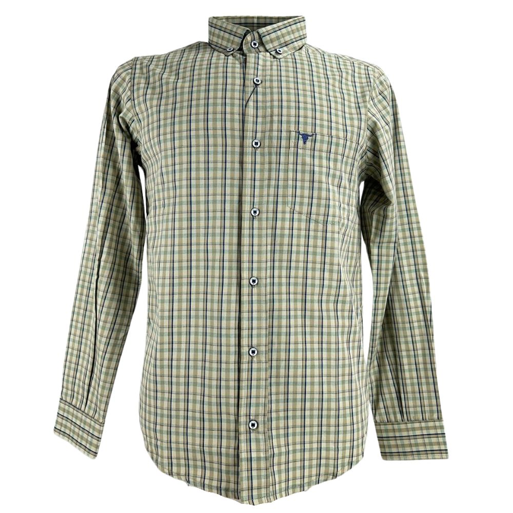 Camisa Masculina Laço Forte Xadrez Marrom Claro/Azul Slim Manga Longa Com Logo Azul Ref:3161