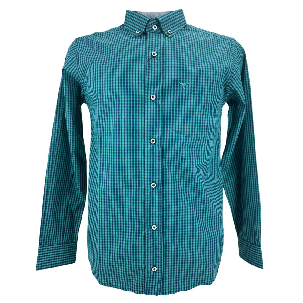 Camisa Masculina Laço Forte Xadrez Verde Azul Escuro Manga Longa Slim Logo Verde Ref:MLSX 2025
