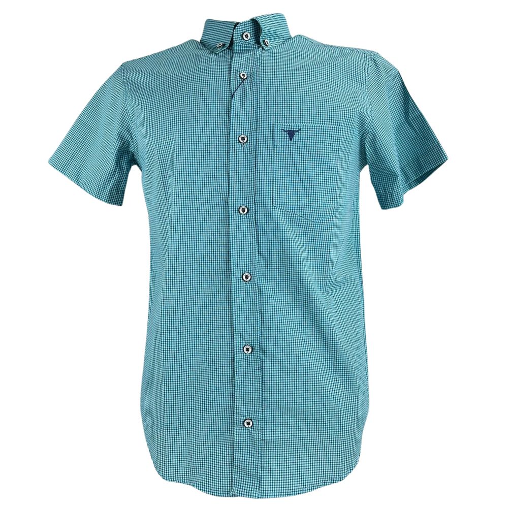 Camisa Masculina Laço Forte Xadrez Verde Claro Slim Manga Curta Com Logo Azul Ref:9205.1