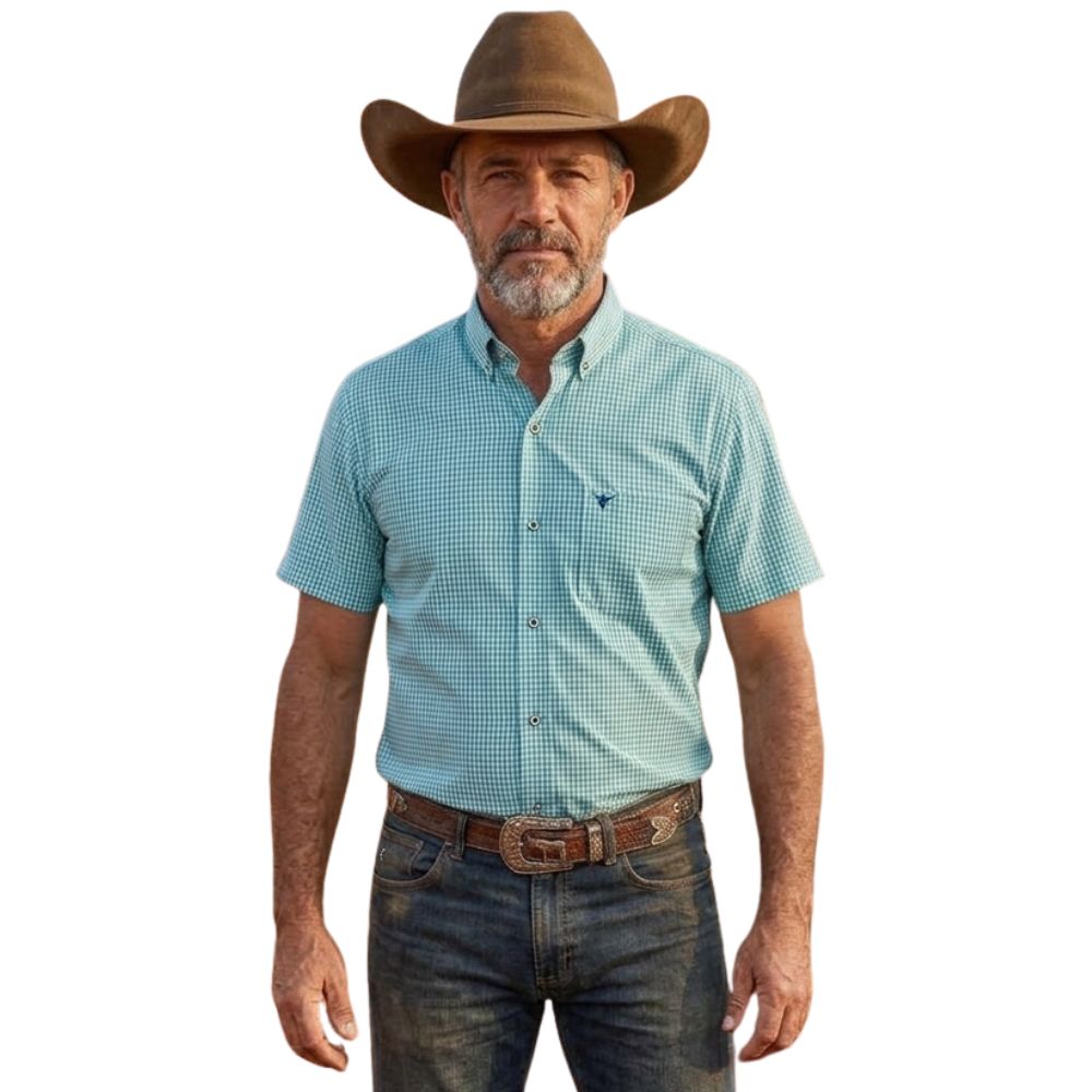 Camisa Masculina Laço Forte Xadrez Verde E Azul Manga Curta Ref:9205.1