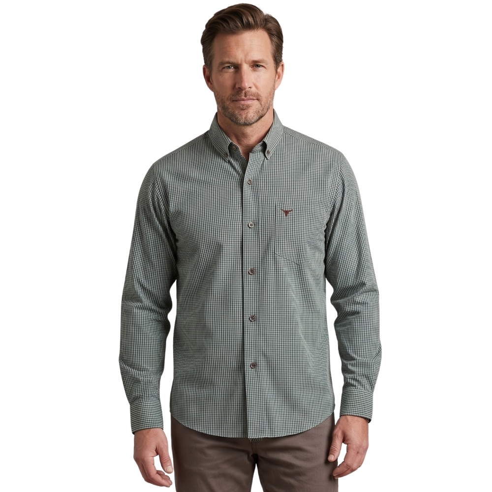 Camisa Masculina Laço Forte Xadrez Verde E Marrom Logo Marrom Manga Longa REF:3161 - 1