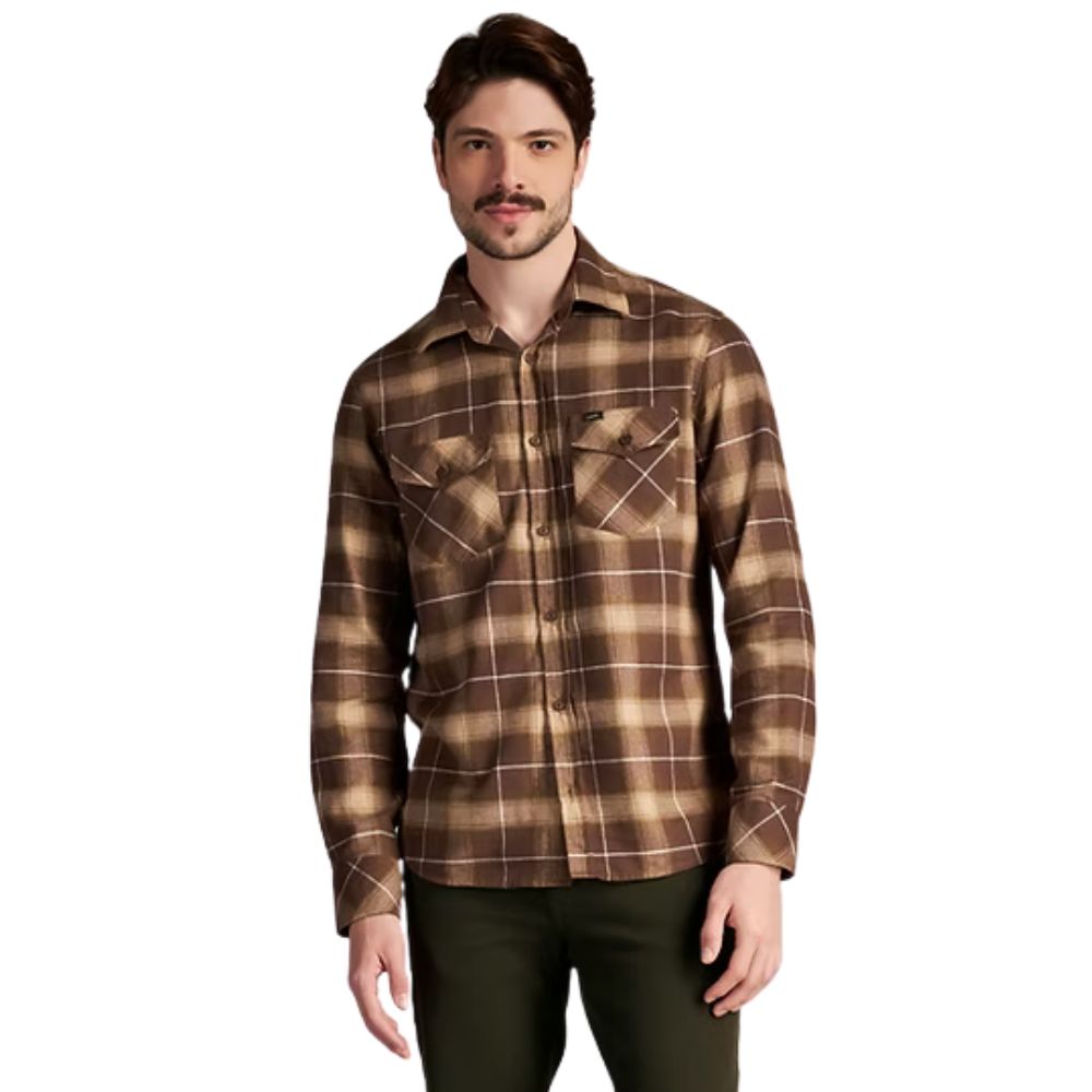 Camisa Masculina Lee Flanelada Manga Longa Xadrez Marrom Com Bolsos Ref:8201L