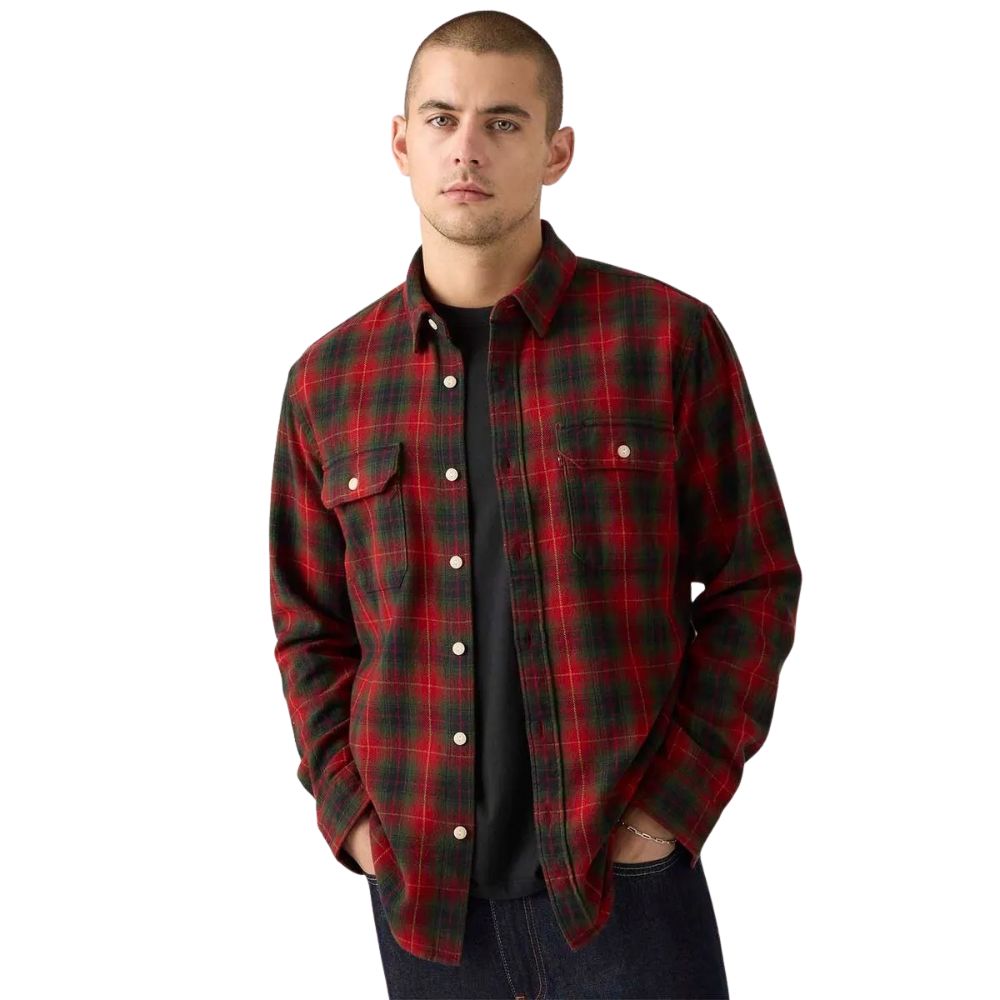 Camisa Masculina Levi's Manga Longa Flanelada The Jackson Worker Relaxed Fit Xadrez Vermelho e Verde Ref:195730284