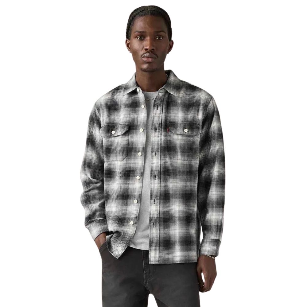 Camisa Masculina Levi's Manga Longa The Worker Relaxed Fit Xadrez Preto E Branco Flanelada Ref:195870354