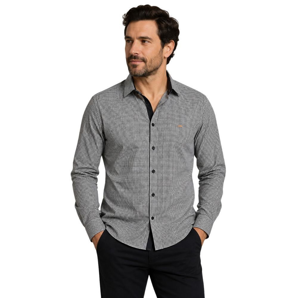 Camisa Masculina MX 72 Fit Manga Longa Mini Xadrez Preto E Branco Country Ref:24109