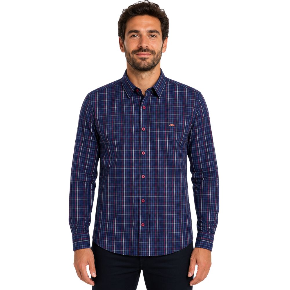 Camisa Masculina MX72 Fit Manga Longa Country Listrada Azul Marinho E Vermelho Ref:26046