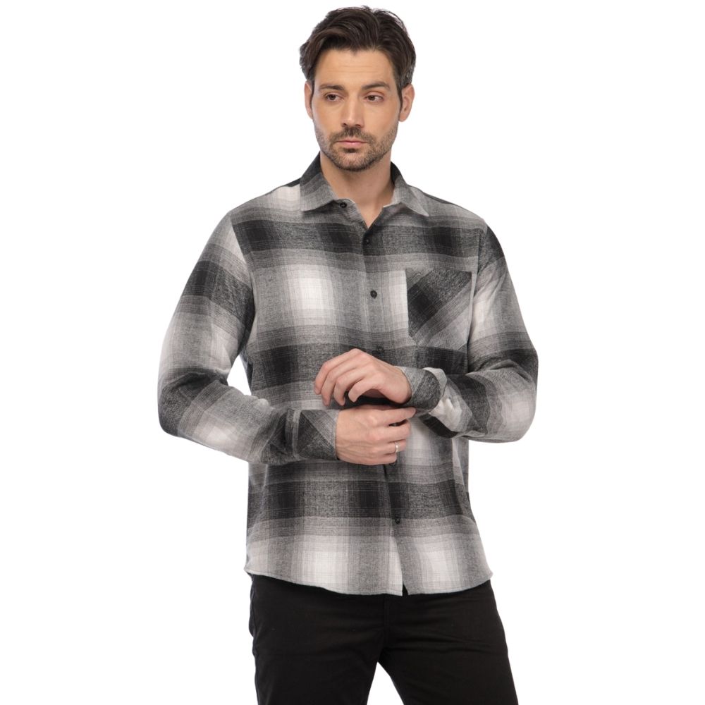 Camisa Masculina MX72 Manga Longa Tradicional Xadrez Flanelada Grafite - Cinza Com Bolso - Ref:24027