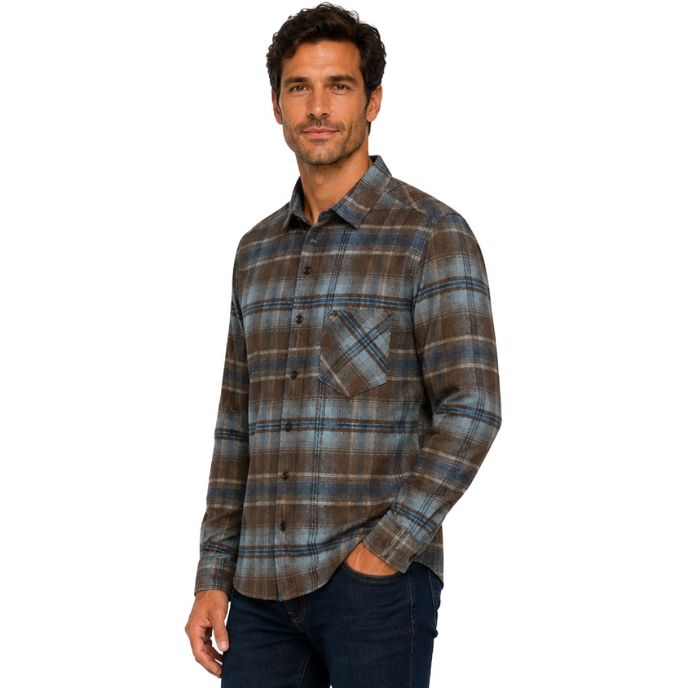 Camisa Masculina MX72 Tradicional Xadrez Flanelada Marrom Azul Manga Longa Ref:24027