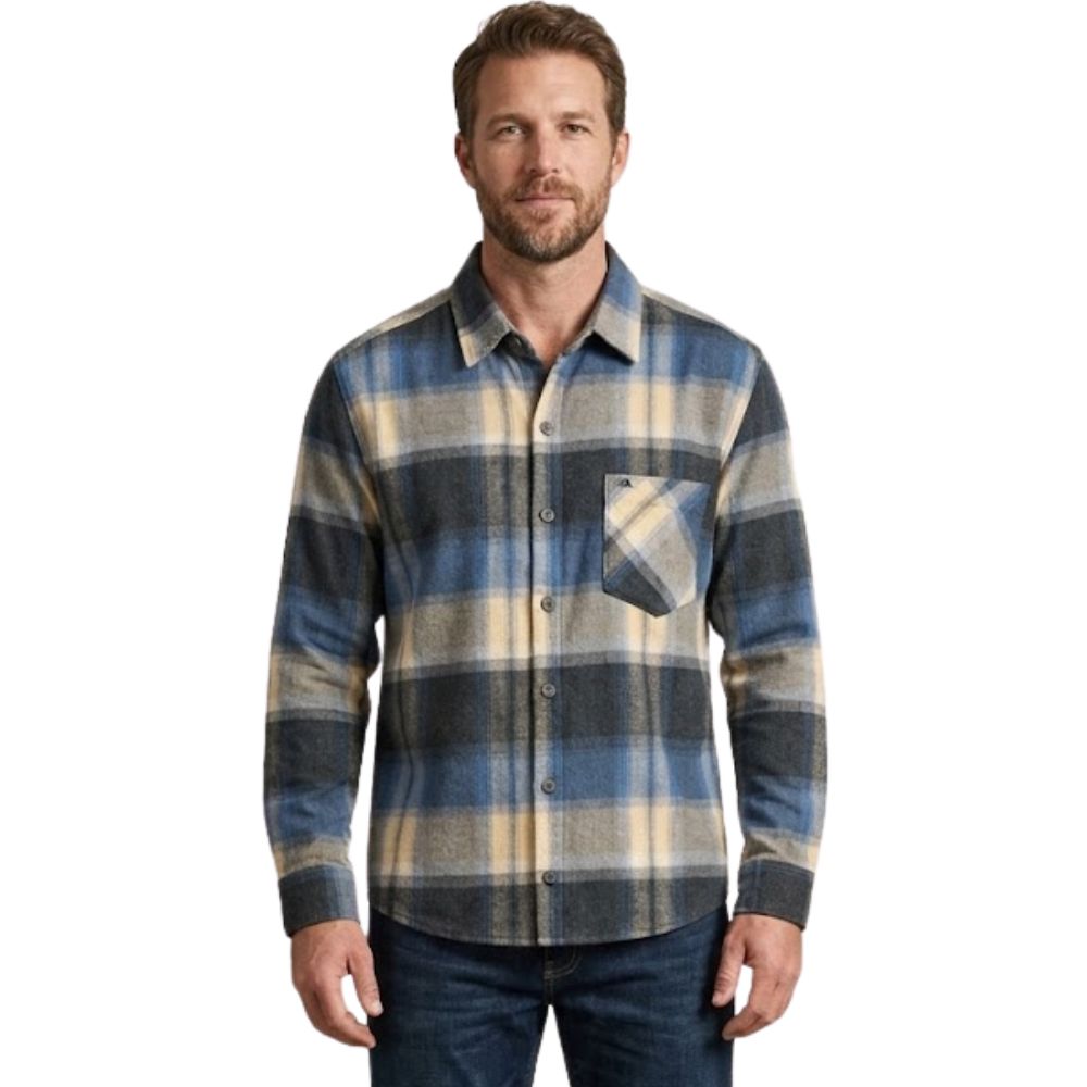 Camisa Masculina MX72 Tradicional Xadrez Flanelada Mista Bege Azul Manga Longa Ref:24027
