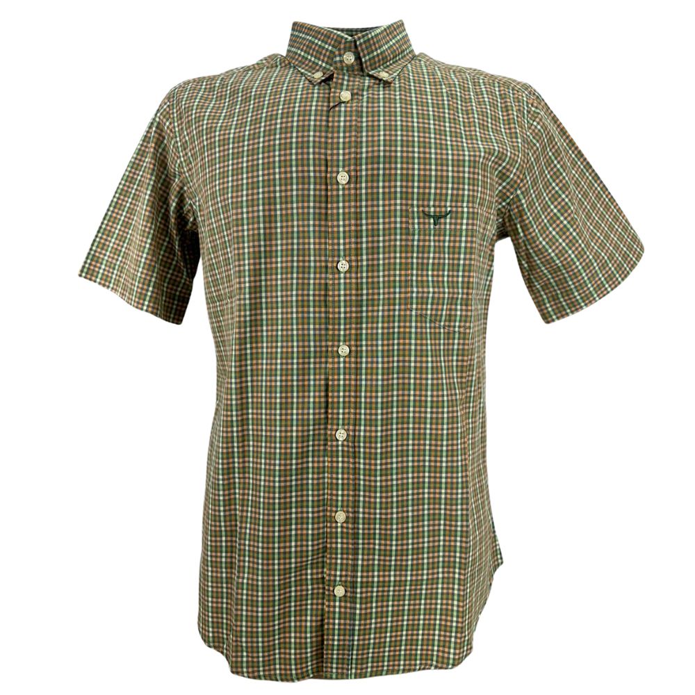 Camisa Masculina Os Moiadeiros Manga Curta Xadrez Laranja Logo Bordado Verde Ref:CMC2458