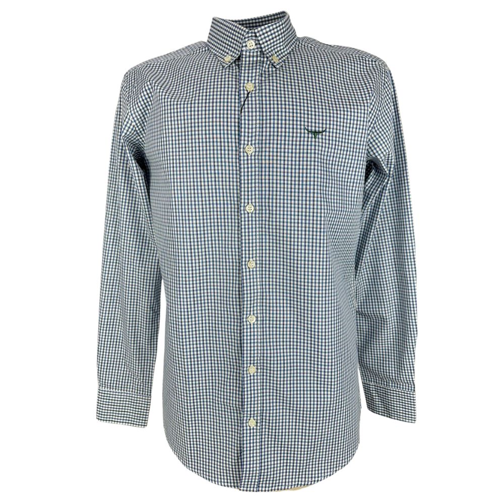 Camisa Masculina Os Moiadeiros Manga Longa Xadrez Azul/Branco Logo Bordado Verde Ref:CML2453