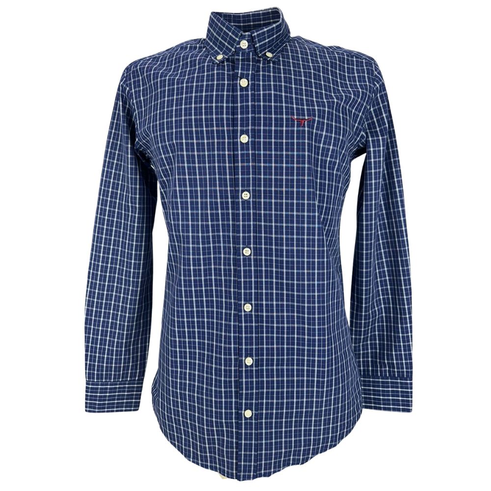 Camisa Masculina Os Moiadeiros Manga Longa Xadrez Listrado Azul/Branco Logo Bordado Vinho Ref:CML2455