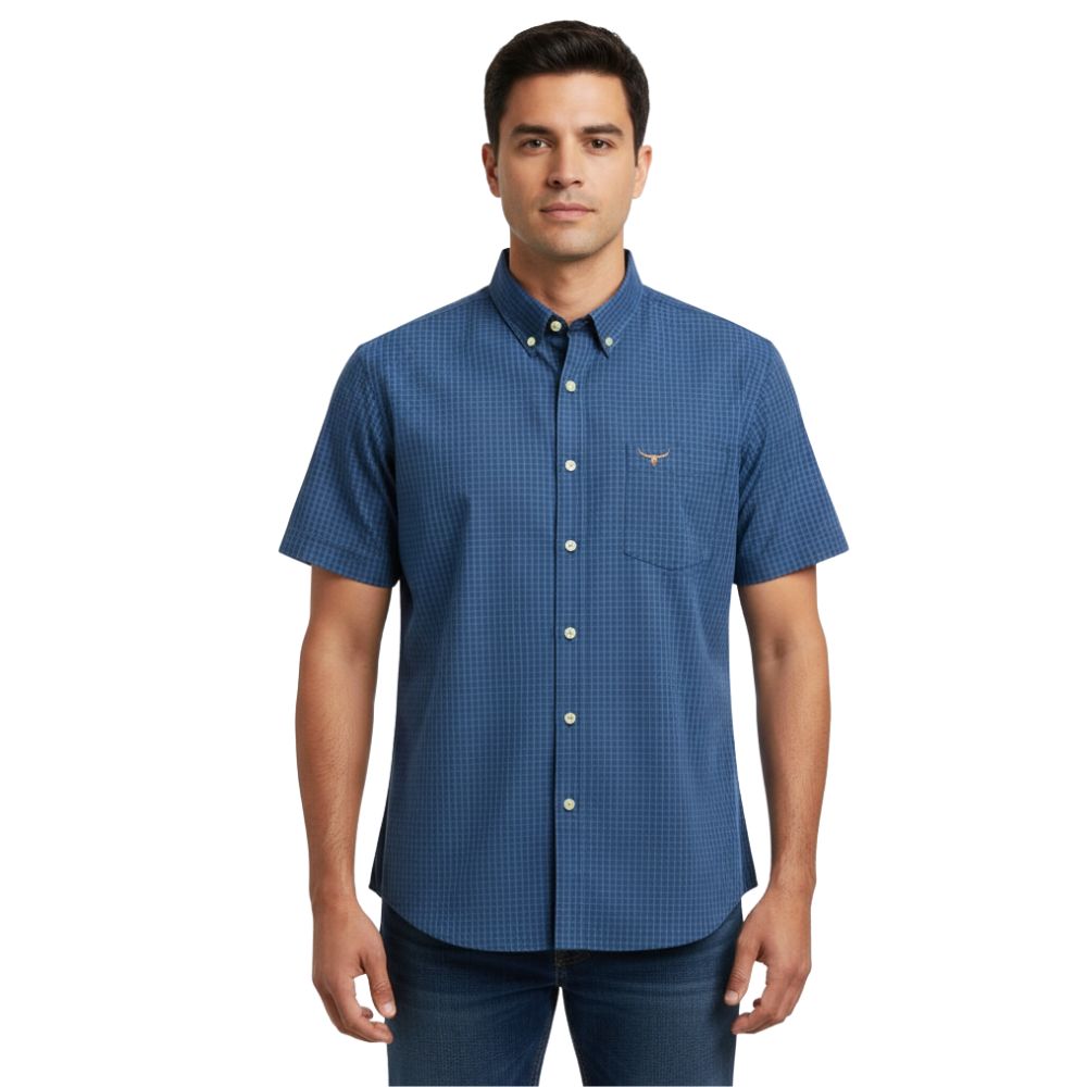 Camisa Masculina Os Moiadeiros Quadriculado Verde Azul Com Bolso E Logo Bordado Marrom Claro Ref:CMC2485