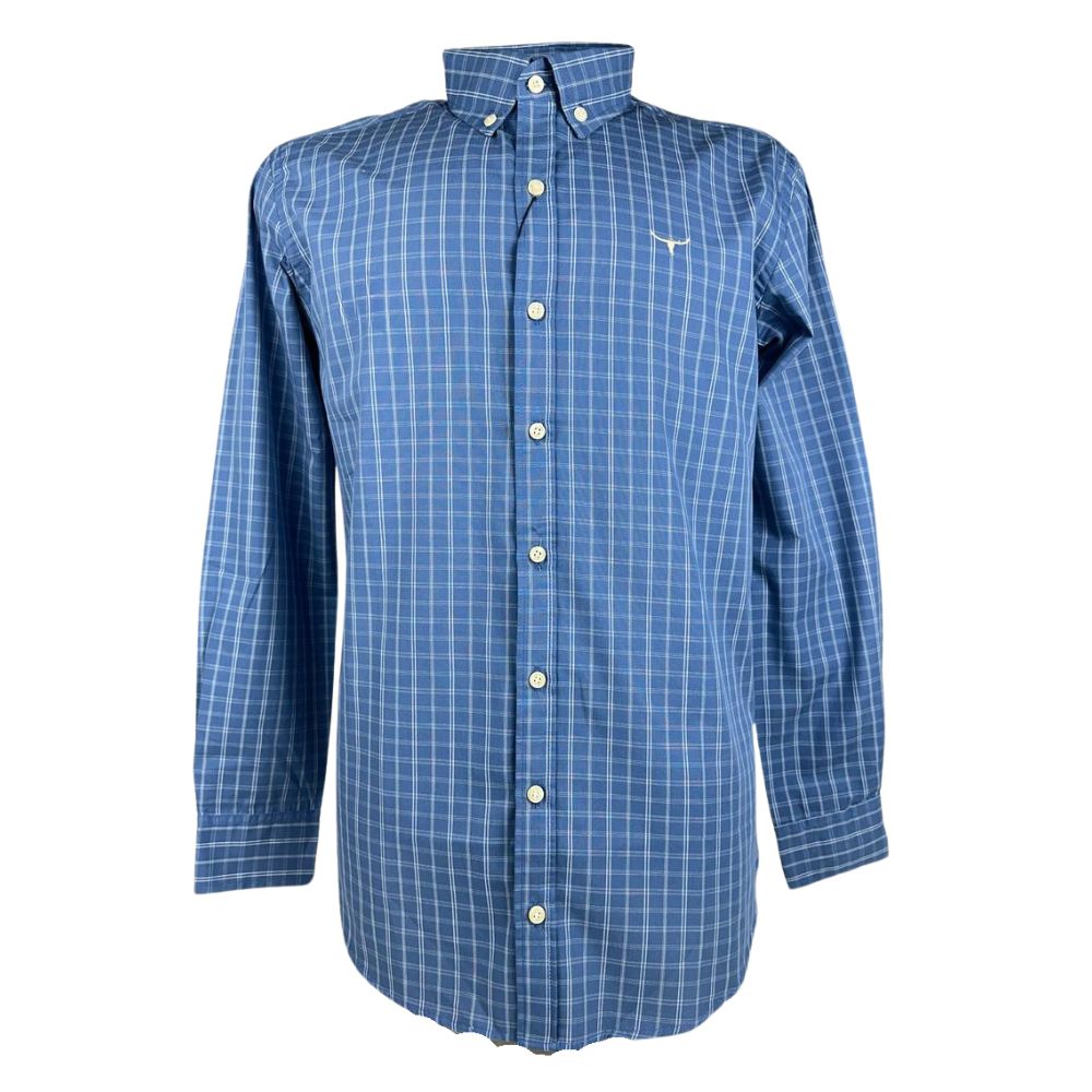 Camisa Masculina Os Moiadeiros Manga Longa Xadrez Azul Jeans Com Listra Dupla Branca Com Logo Em Bege. Ref:CML2433