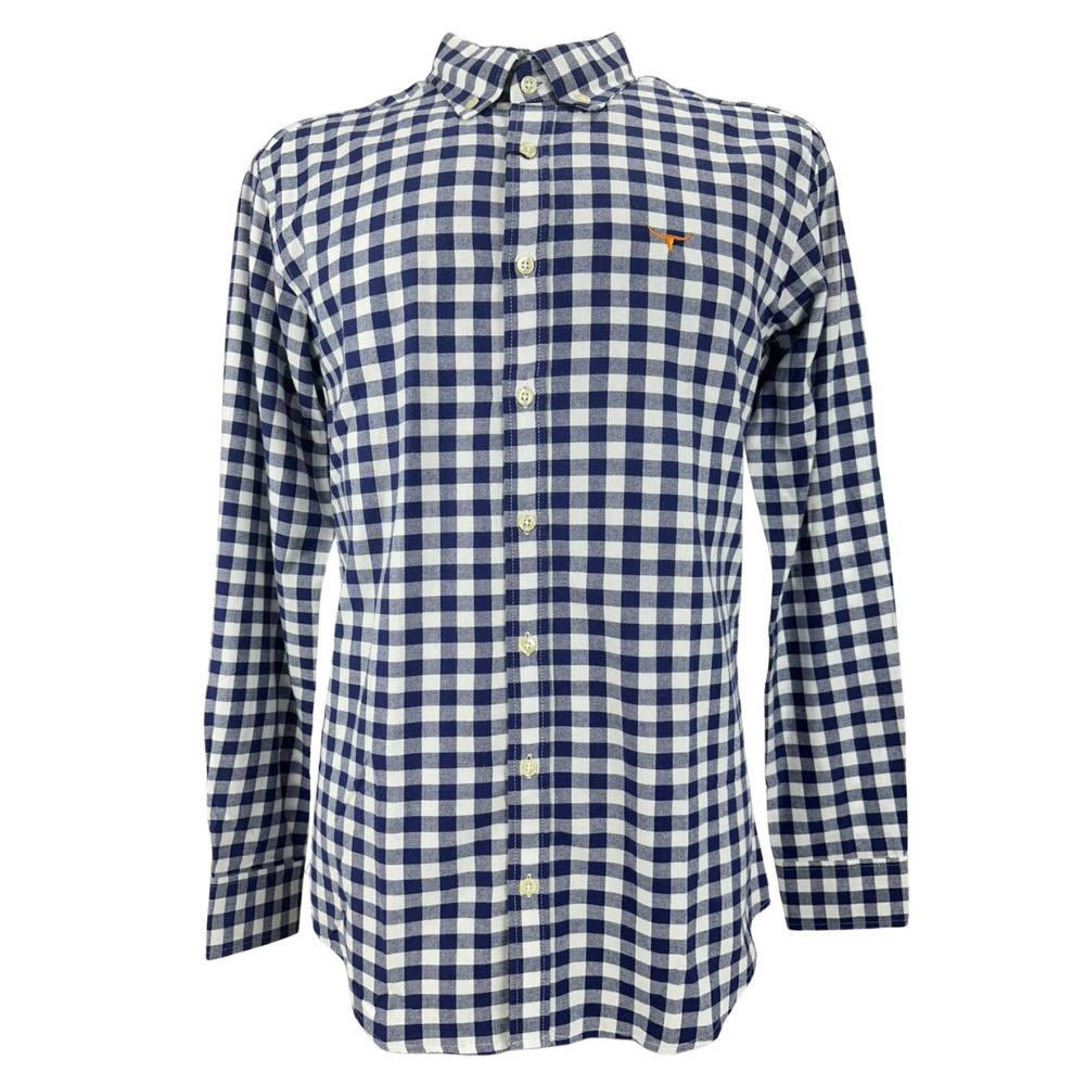 Camisa Masculina Os Moiadeiros Manga Longa Xadrez Flanelada Azul Bordado Laranja Ref:CML2448