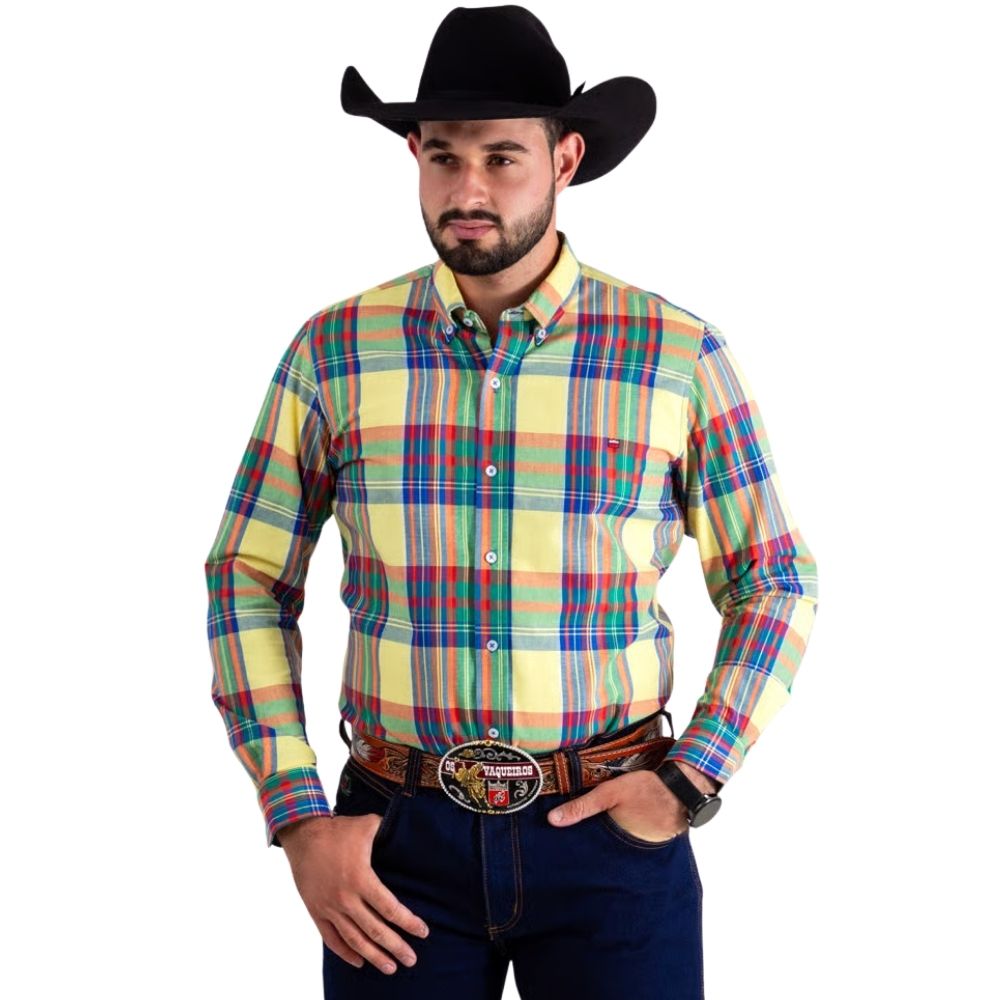 Camisa Masculina Os Vaqueiros Manga Longa Oxfordine Xadrez Amarelo Ref: V26-20202