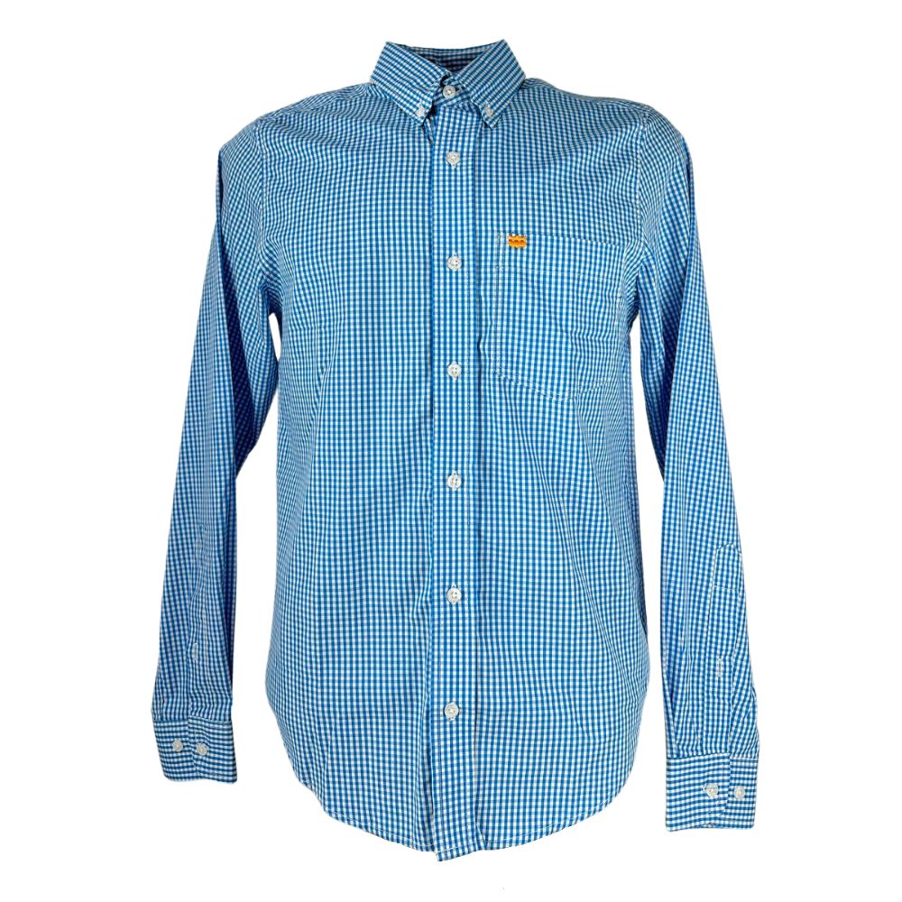 Camisa Masculina Os Vaqueiros Xadrez Pequeno Azul E Branco Manga Longa Com Logo Laranja Ref: V24-20002