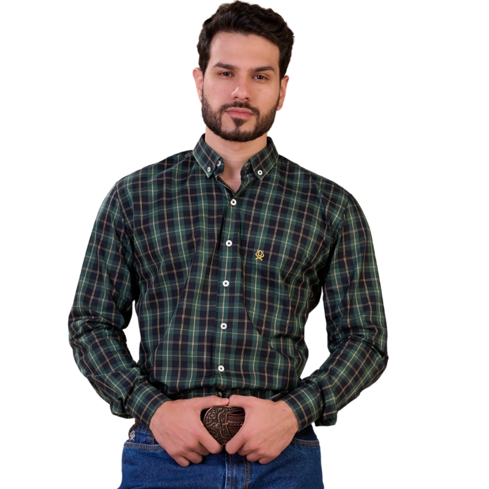 Camisa Masculina Ox Horns Manga Longa Xadrez Verde Escuro E Preto Logo Amarelo REF:9519