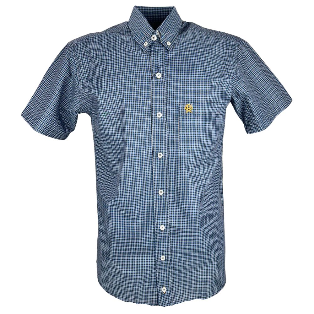 Camisa Masculina Ox Horns Xadrez Azul Manga Curta Com Logo Amarelo Ref:9010