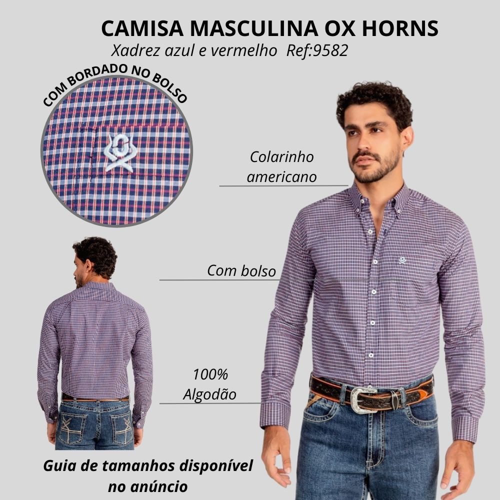 Camisa Masculina Ox Horns Xadrez Azul/Vermelho Manga Longa REF