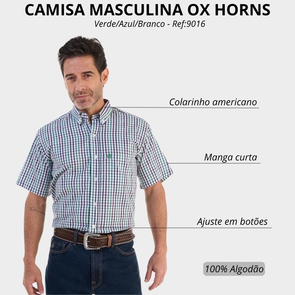 Camisa Masculina Ox Horns Xadrez Verde Azul Branco Manga Curta Com