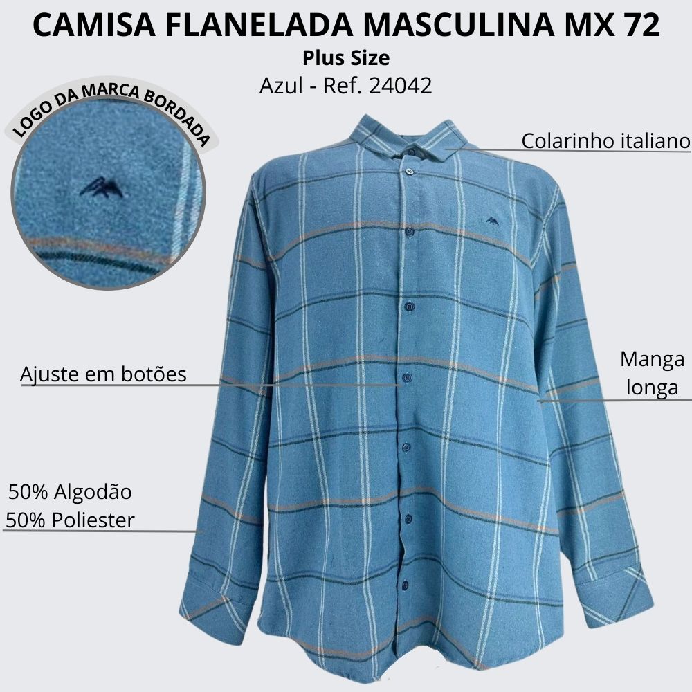 Camisa Masculina Plus Size MX 72 Concept Flanela Azul R.24042 - Badana