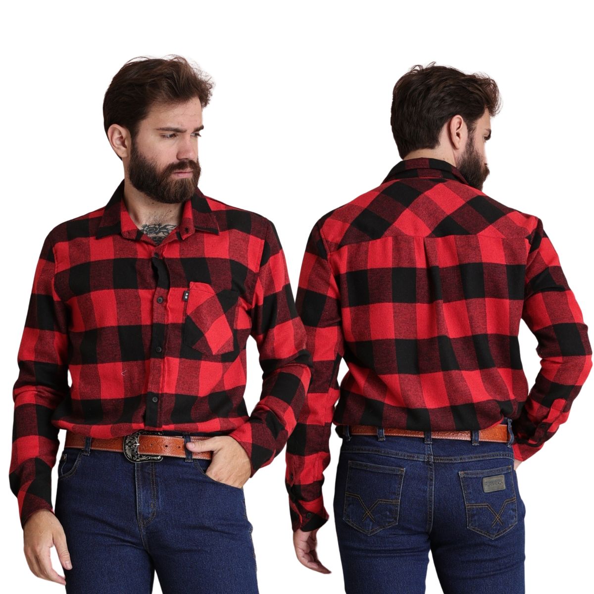 Camisa Masculina Pura Raça Country Manga Longa Flanela Xadrez Vermelho R.07.0077.0036