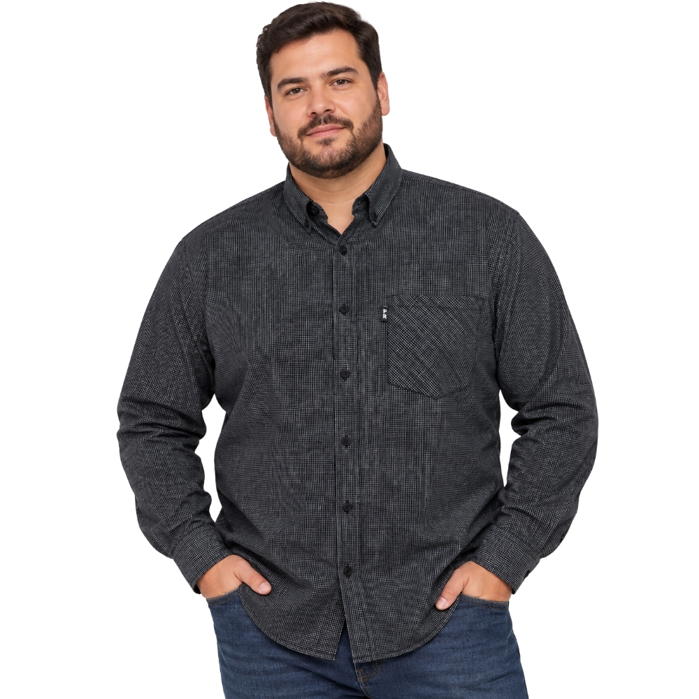 Camisa Masculina Pura Raça Plus Size Xadrez Preto E Branco Regular Fit Manga Longa REF:070078000001