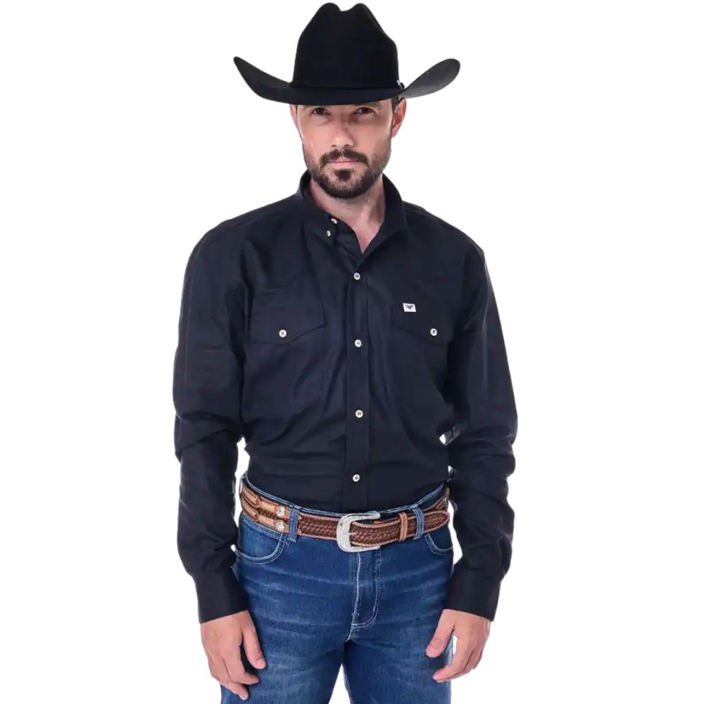 Camisa Masculina Radade 2B Texas Preta Com Dois Bolsos Manga Longa