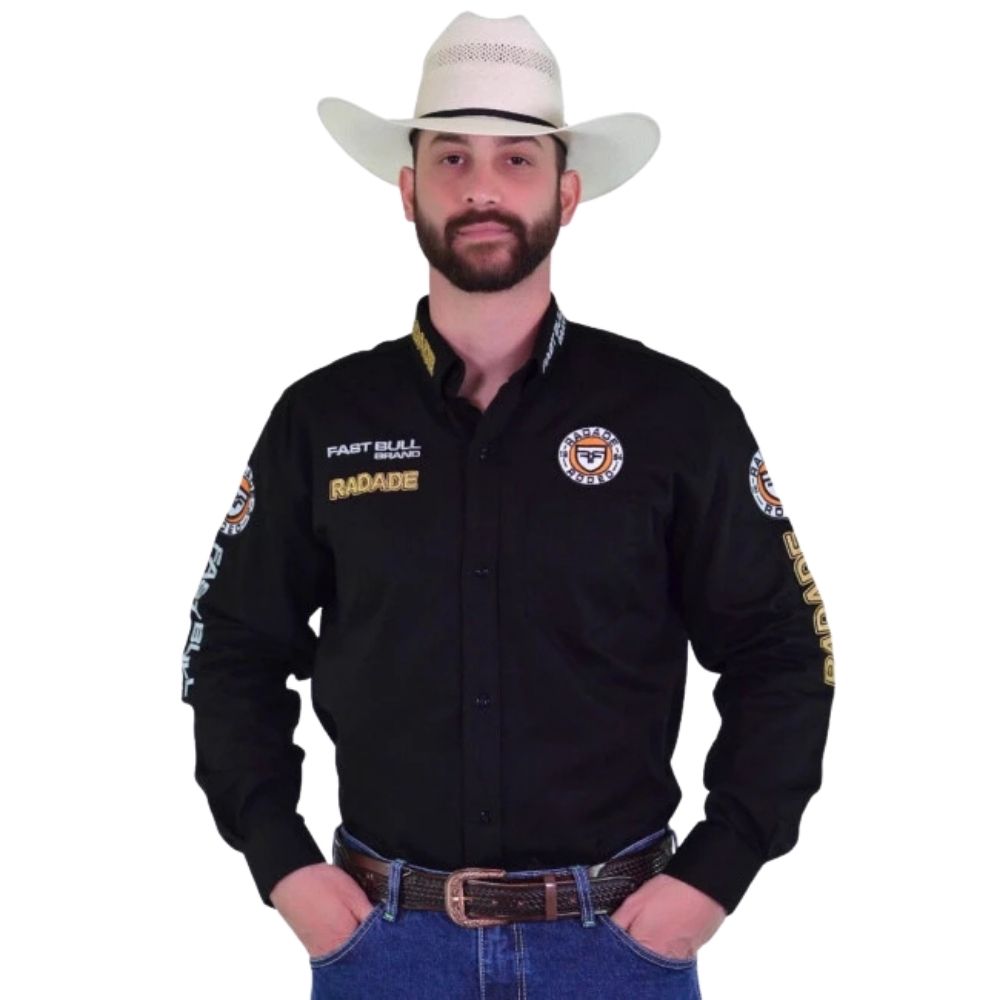 Camisa Masculina Radade Manga Longa Brands Preta Bordado Dourado Ref: 3819