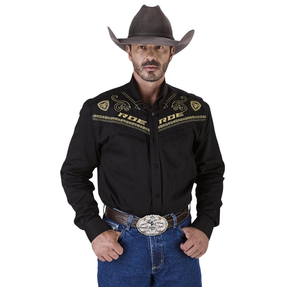 Camisa Masculina Radade Manga Longa Brownstone Preta Bordado Dourado Ref: 4625