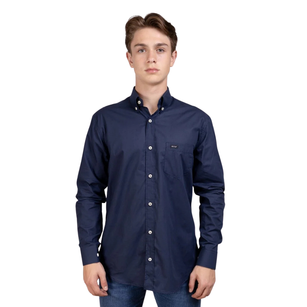 Camisa Masculina Strut Manga Longa Azul Marinho Lisa Com Bolso REF: 7173