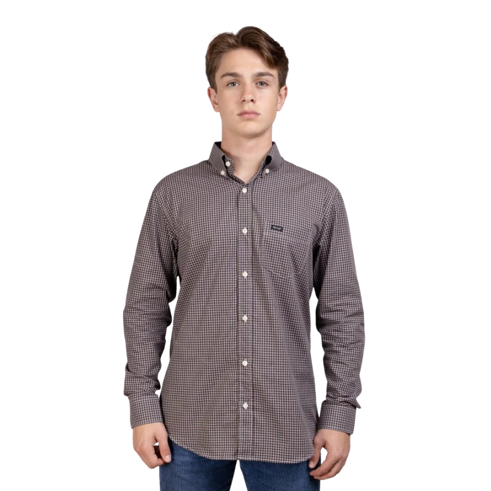 Camisa Masculina Strut Manga Longa Xadrez Pequeno Marrom/Branco Com Bolso REF: 7174